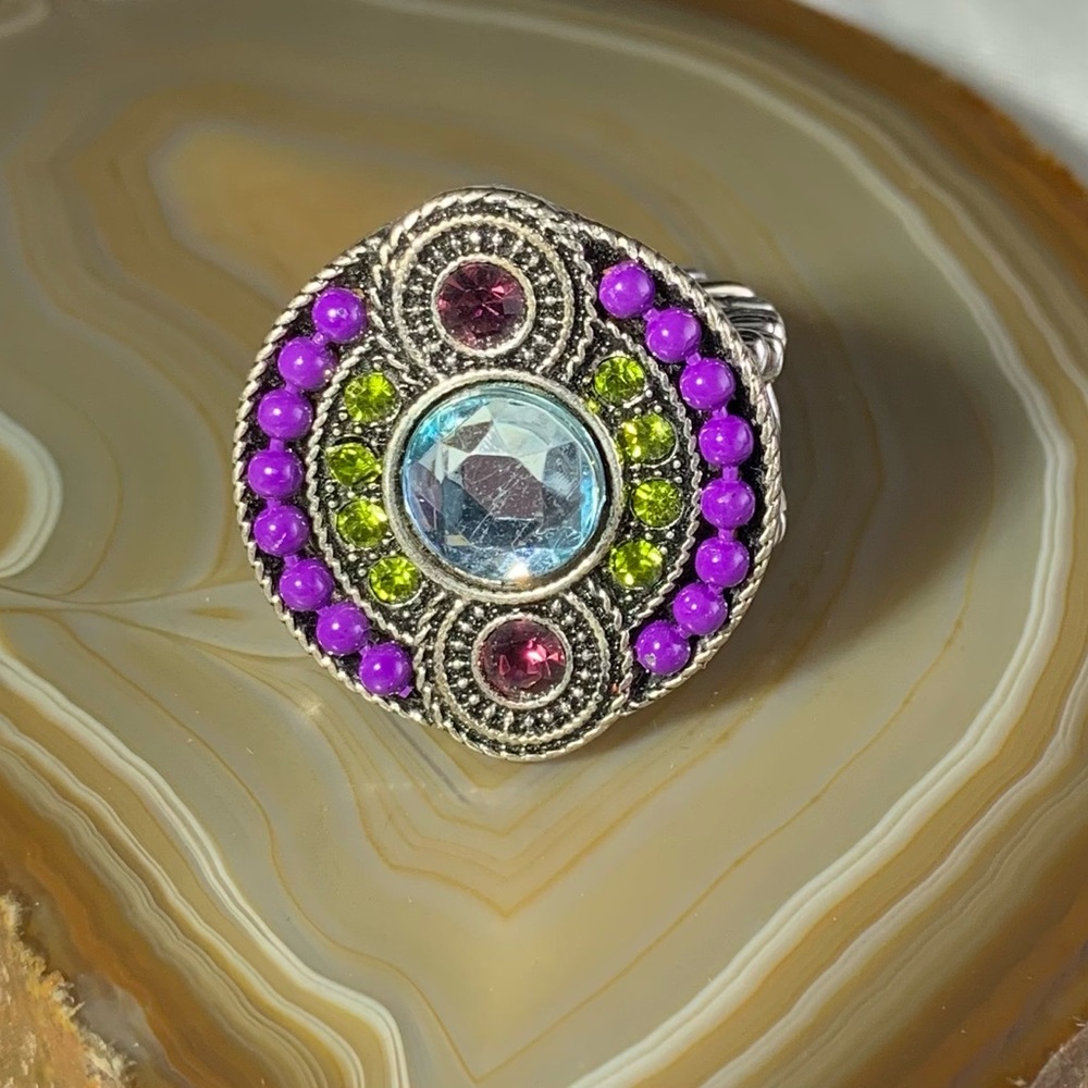 Vibrant Silver Ring with Multicolor Gemstones Stretch Ring